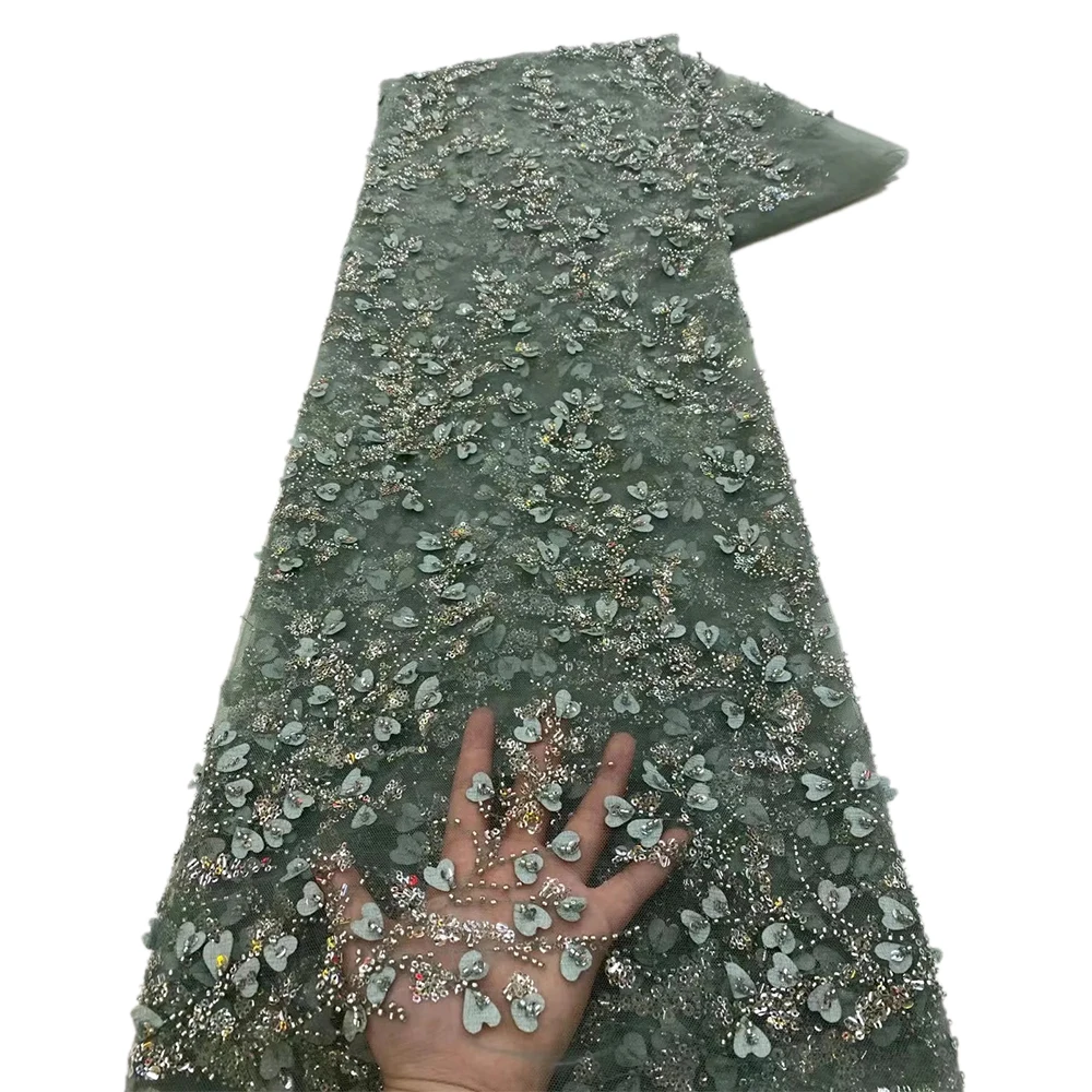 Newest Embroidery Beaded Lace Fabrics With Stones High Quality Mesh 5 Yards Fabric Luxury Beades Lace Sewing Wedding Dress Tulle