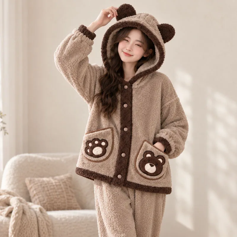 Coral fleece teddy bear cartoon pajama set with thickened fleece for warm home wear, brown bear pocket for parent-child wear