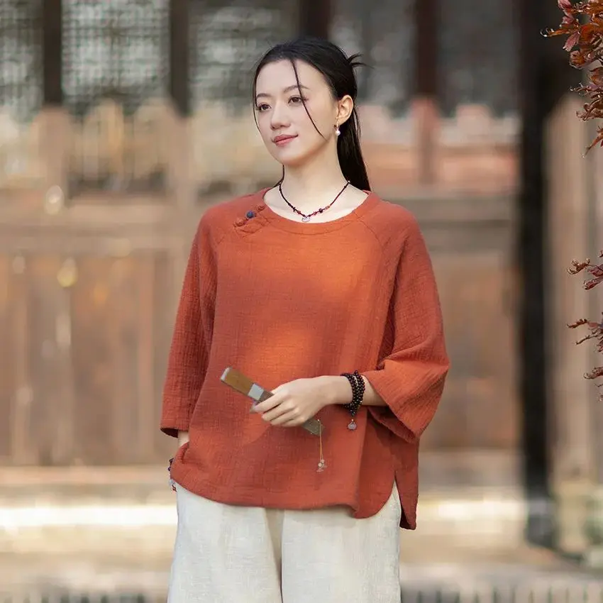 

Retro Bohemian Cotton-Linen Women's Round-Neck Contrast-Colour Button-Fastening Blouse Pullover T-Shirt for Ladies