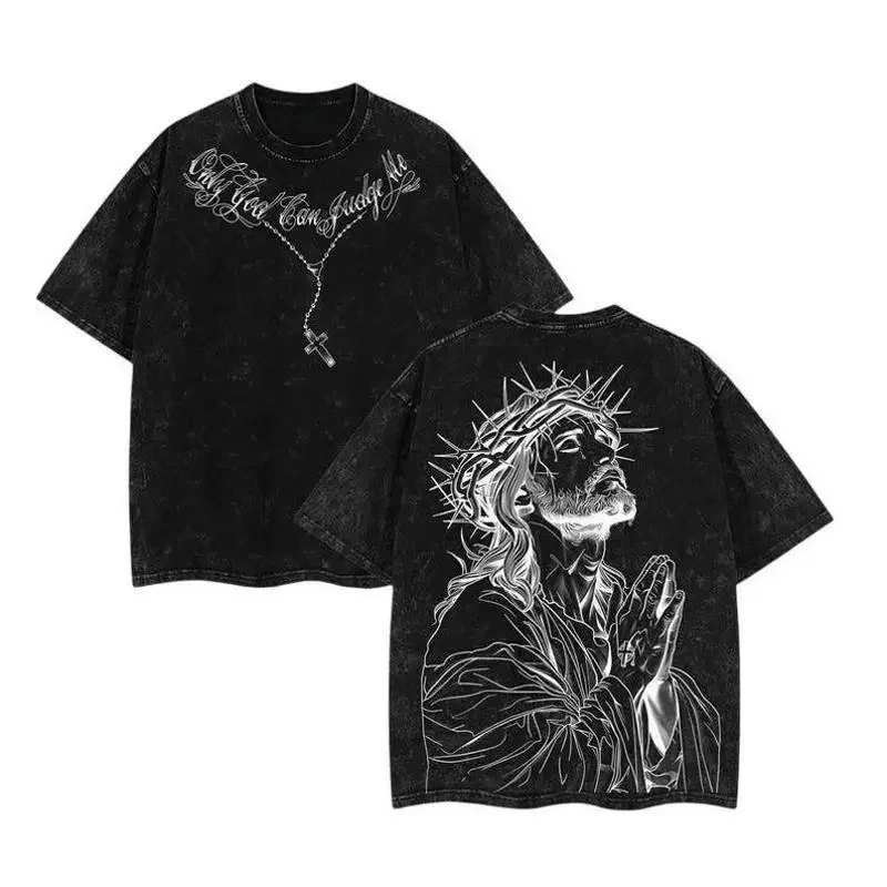 

Oversized Washed Christian Tee: Bold Jesus Graphic, Summer Streetwear Menswear Top Vintage Distressed