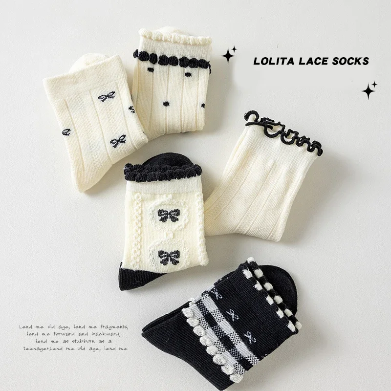 Trendy Cotton Solid Children Girls Lace Socks 5 Pairs Bow Ties Soft Breathable Striped Non-slip Half Princess Socks for Girls image 6