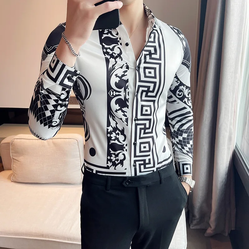 

Модные брендовые рубашки с длинным рукавом с принтом, мужские тонкие повседневные деловые классические рубашки, костюмы для выступлений на сцене, мужская одежда