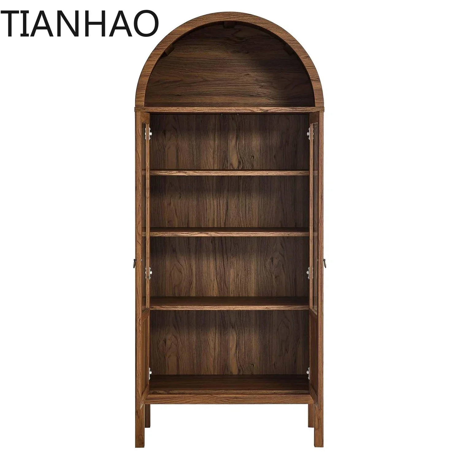 Century Farmhouse Walnut High Arched Sideboard 4 Tier Adjustable Shelf Storage Display Cabinet With Glass Doors