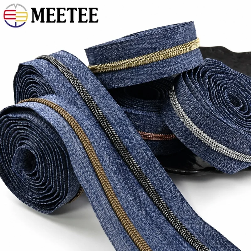 

5M Meetee 5# Denim Nylon Zippers Tape By The Meter Blue Coil Zips for Bag Garment Jeans Zipper Reapir Kit DIY Sewing Accessories
