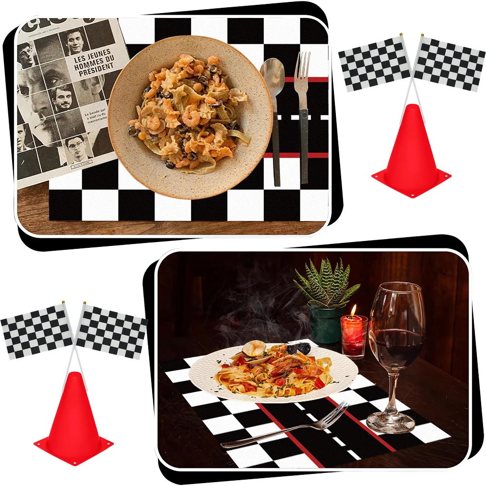 Racing Car Party Home Decorations Black and White Checkered Placemats Traffic Cone for Race Car Themed Birthday Party Supplies