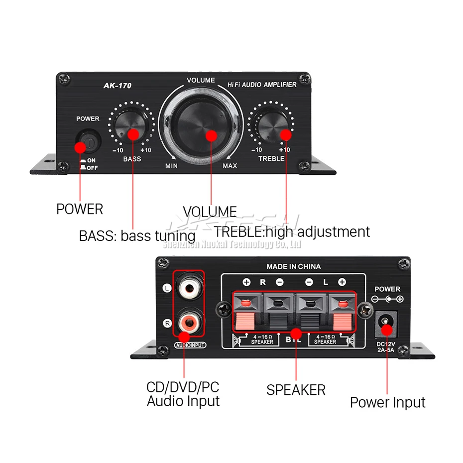 เครื่องเล่นดิจิทัล AK-170 NKTECH เครื่องขยายสัญญาณเสียงสำหรับรถยนต์เครื่องขยายสัญญาณเสียงออกแบบ BTL HiFi สเตอริโอ2CH บ้าน20W RMS คอมพิวเตอร์ MP3ซีดีไฟ RCA สีฟ้า LED
