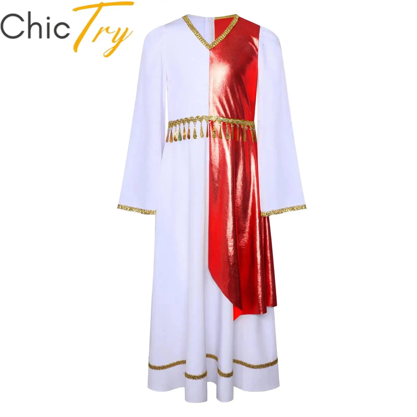 

Kids Girls Angel Goddesses Cosplay Costumes Halloween Carnival Long Sleeve Gold Trim Princess Dress Church Choir Worship Toga