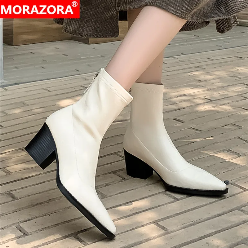 

MORAZORA Ins New Stretch Boots Handmade Pointed Toe Chunky High Heels Autumn Winter Ankle Boots Fashion Office Dress Shoes
