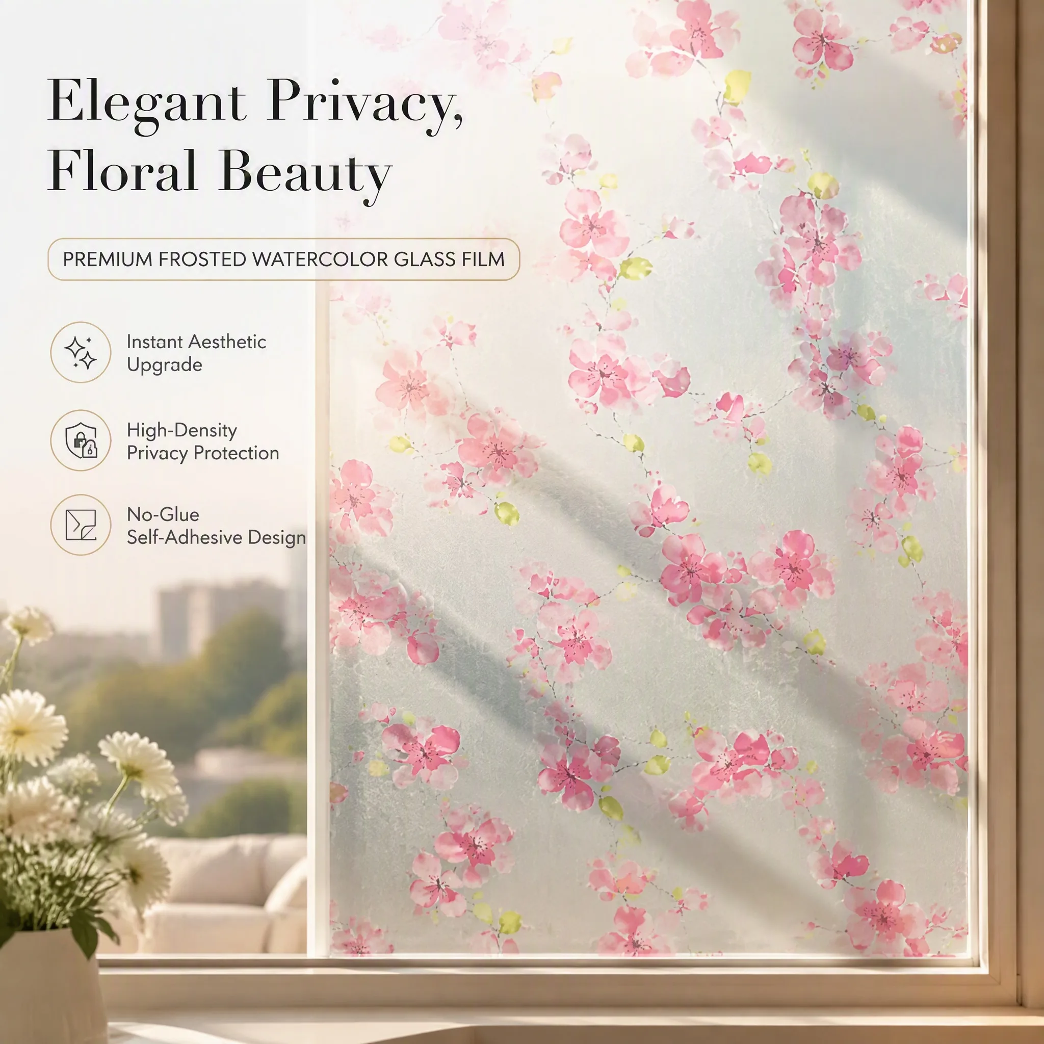 Pink Plum Blossom Watercolor Self Adhesive Frosted Privacy Window Film Floral Branch Design Glass Decorative Sticker Anti UV Opa