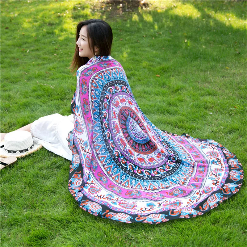 Round Anti Roll Beach Towel Chiffon Quick Dry Female Shawl Decorated National Style Scarf Wall Hanging Yoga Mat Animal Printing