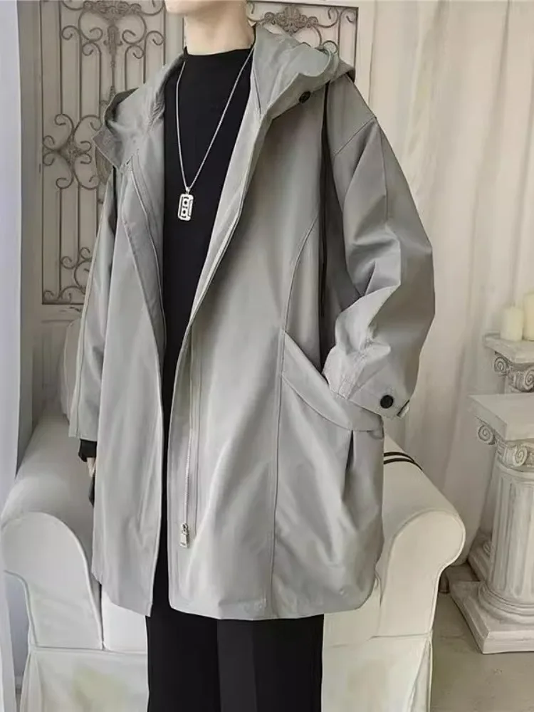 

Men's Casual Hooded Jaet Spring Coat Loose Long Korean Sle Faionable Durable Windbreaker Hong Kong Sle Outerwear