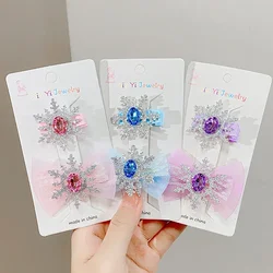 2PCS/set Cute Rhinestone Snowflake Chiffon Bow Hair Clips For Girls Sweet Hair Decorate Hairpin Hairgrip Lovely Hair Accessories