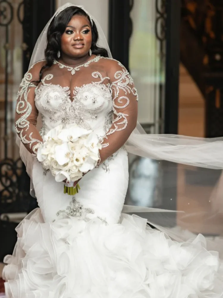 Customized Women's 2026 Elegant White Fishtail Wedding Dress with rhinestone Decorative Perspective Sleeves and Ruffle Skirt