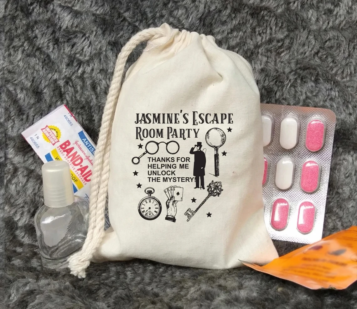 20 Pcs Custom Escape Room Party Bags - Mystery Gift Party Favor Bag - Drawstring Birthday Gift Basket Bags Personalized Children