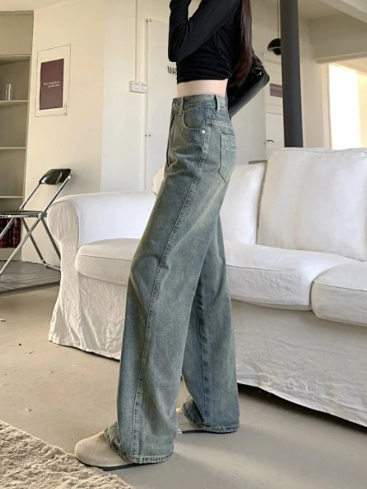 American Style Wide Leg Jeans Frauen lose gemütlich gewaschen lässig einfach All-Match hohe Taille gerade Mode trend ige College Herbst