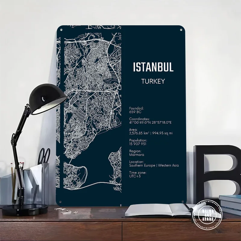 Istanbul City Map Poster Customized Vintage Metal Signs Wall Art Retro Tin Plaque for Modern Home Decoration Ornaments House