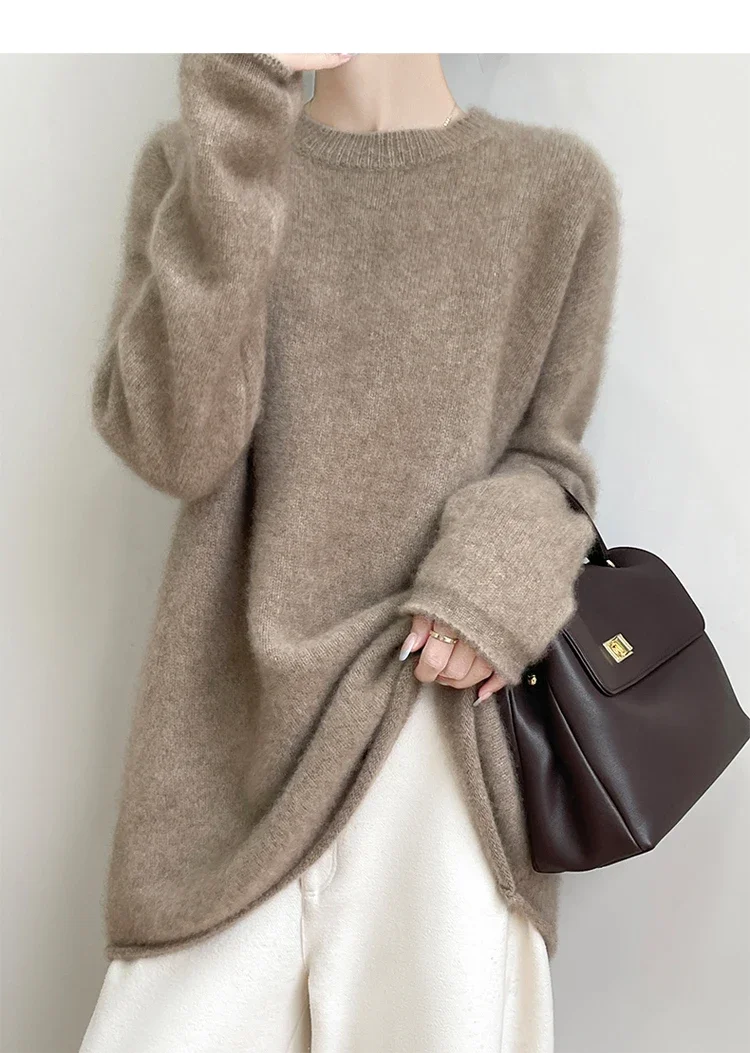 Women's plus Size Cashmere Sweater round Neck Thickened 100% Soft Waxy Knit Loose Lazy Fit Autumn Winter Bottoming Coat