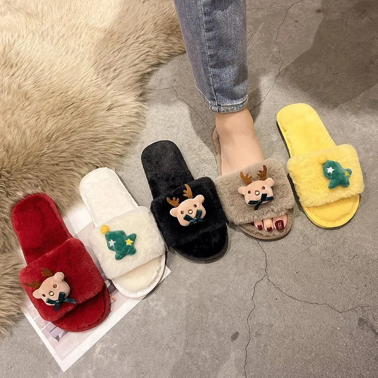 2025 New Christmas Elk Cotton Slippers for Women Men Winter Cute Cartoon Home Non Slip Couple Floor Slides Slip-on Plush Shoes