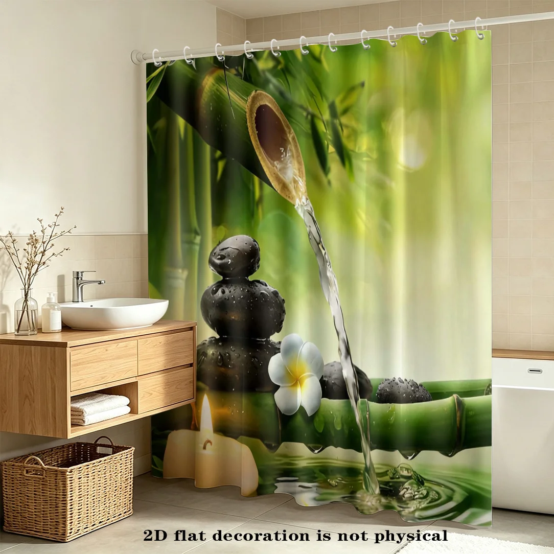2D Flat, 2D Flat, 2D Flat Shower Curtain 1pc, Forest Flowing Water, Stacked Stones, Egg Flowers And Candlelight Green Serene Sce