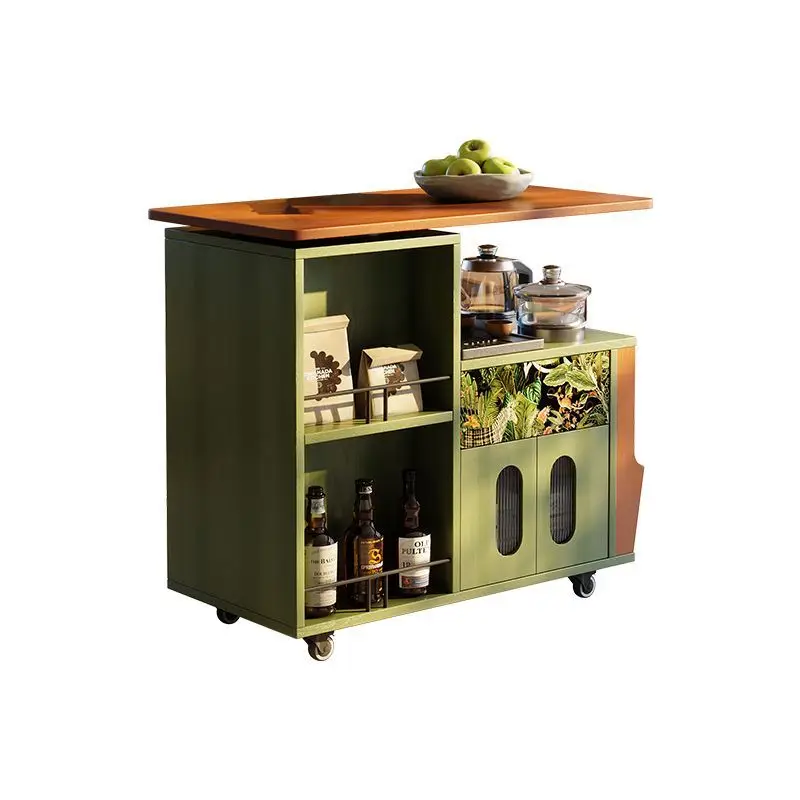Multifunctional mobile solid wood folding French retro living room small apartment trolley antique family tea cart coffee table