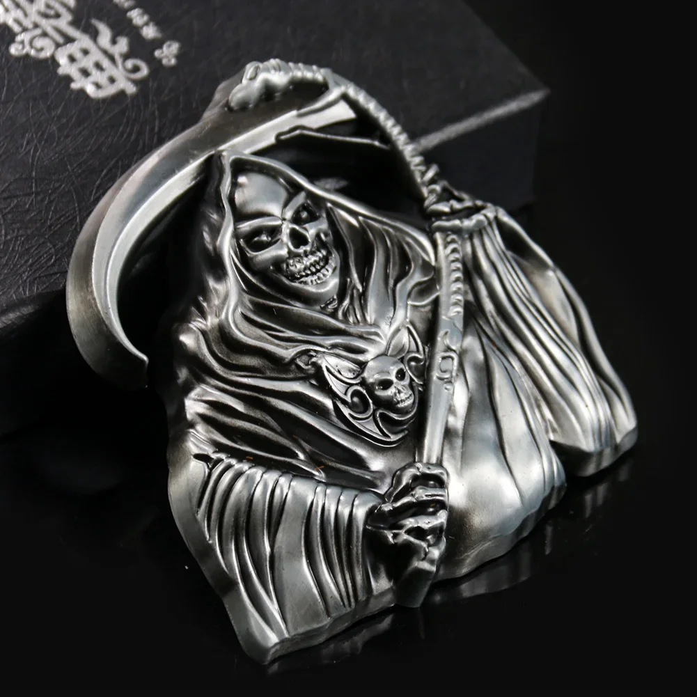 Hebilla de cinturón de vaquero de película de GRIM Reaper negro para hombre, Correa artesanal de cuero de Pewter, Sadan Devil, lazo de acabado, accesorio para Jeans, regalo