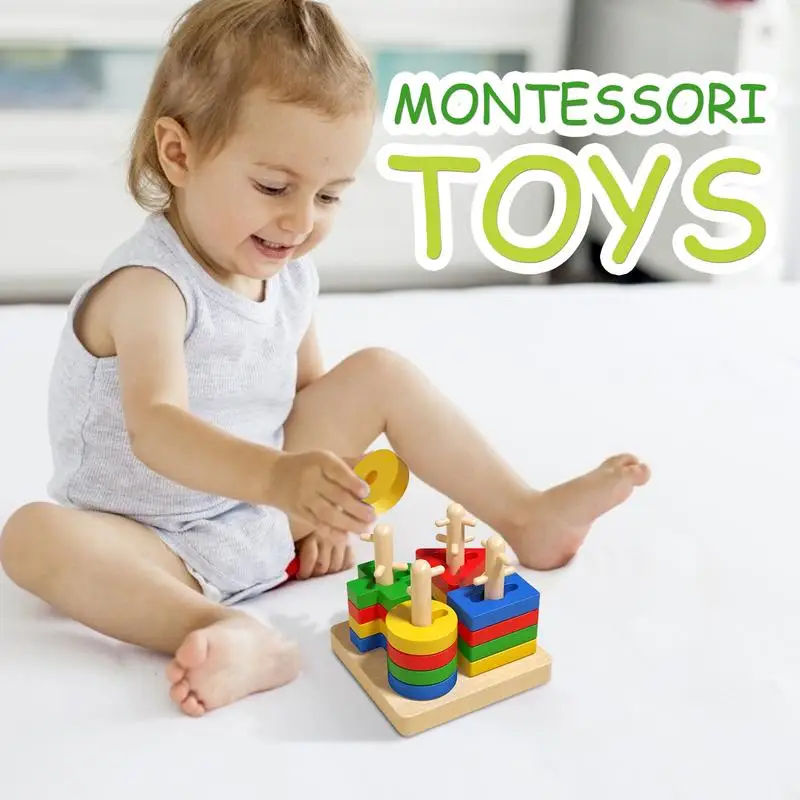 1Set Montessori Wooden Geometric Shape Columns Blocks Assembling Children's Enlightenment Early Education Puzzle Toys for Kids