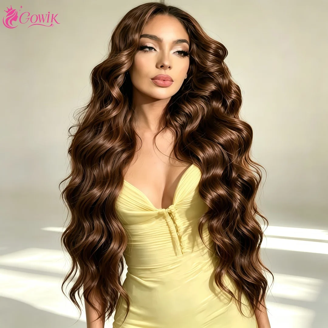 Chocolate Brown 13x6 HD Lace Frontal Human Hair Wigs 34 Inch 220% Density Brazilian Pre Plucked Body Wave Lace Front Wig #4 Colored For Women