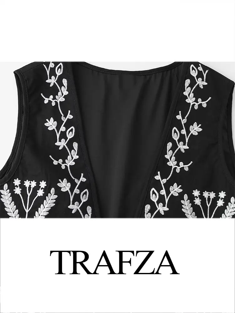 Trafza 2024 feminino inverno casual colete curto topo moda preto e branco bordado elegante feminino solto acolchoado colete