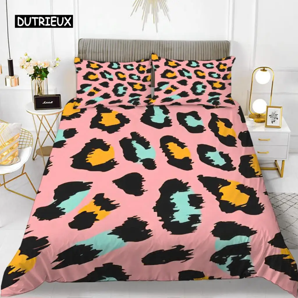 

Leopard Print Duvet Cover Set Pink Girly Chic Cheetah Print Bedding Set for Boy Teen Polyester Wild Animal Theme Comforter Cover