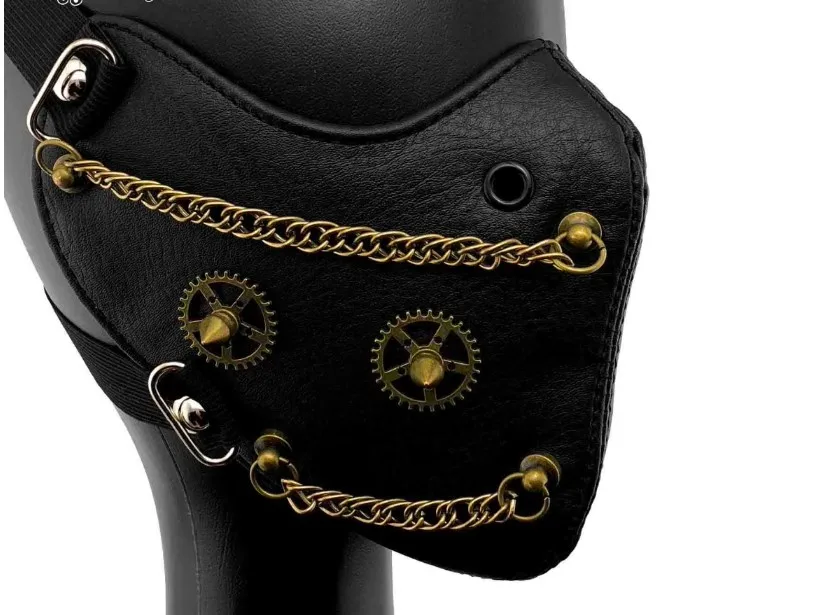 Men Women's Black PU Leather Rivet Punk Chain Mask Lady's  Breathable Party Cosplay Halloween Mouth-muffle R1423