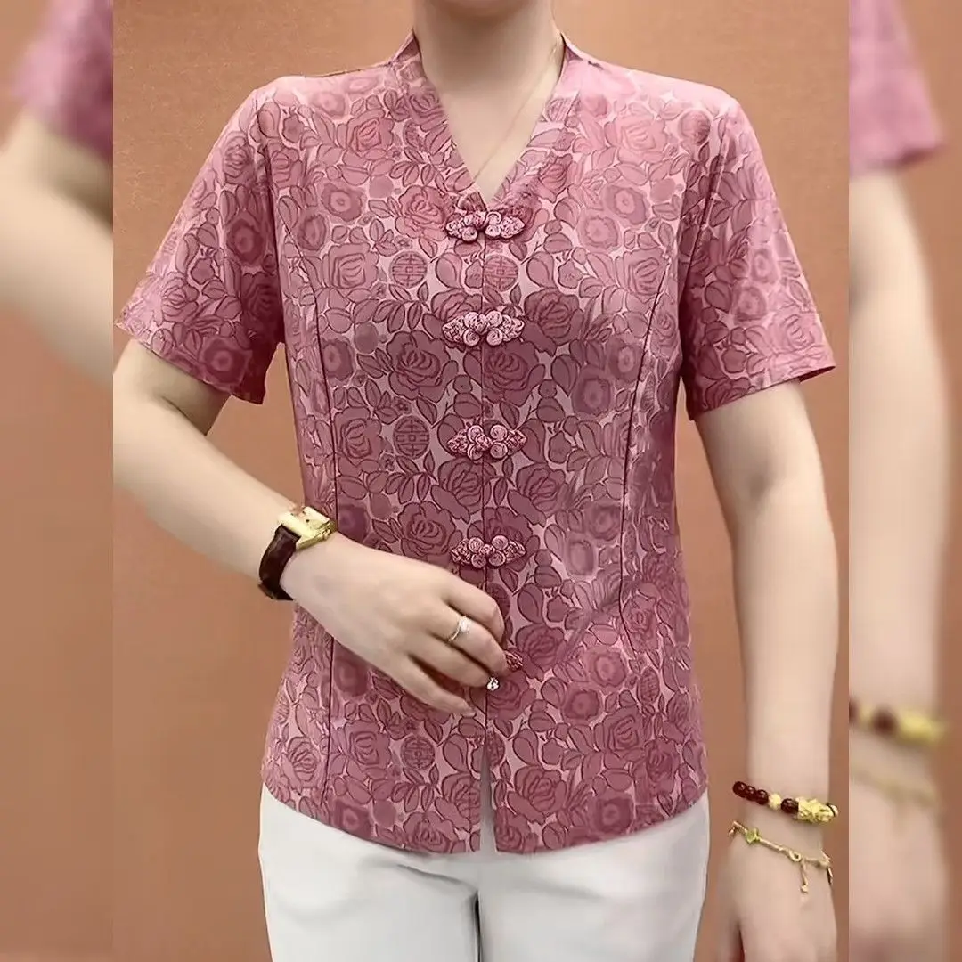 

Summer Short Sleeve Mom T-Shirt Ageless plus Size Overhead Shirt National Style Slimming Button Vintage Women's Top