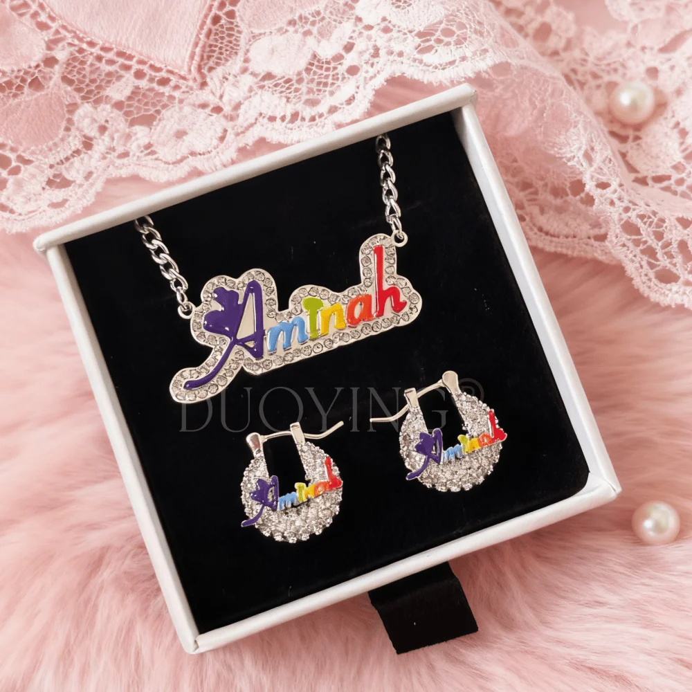 DUOYING مخصص بلينغ قوس قزح لوكس مجموعة الفولاذ المقاوم للصدأ لوحة 15 مللي متر الزركون المينا أقراط قلادة