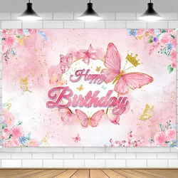 Pink Purple Butterfly Flowers Birthday Backdrop, Flower Crown Photography for Fairy Princess Girl Birthday Baby Shower Decor