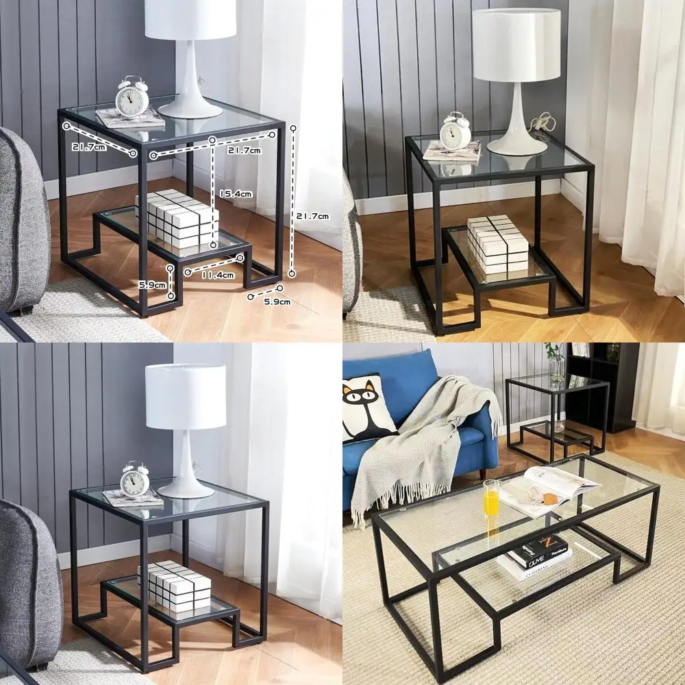 

Modern Metal Frame Glass Coffee Table with 2 Shelves - Sleek Living Room, Bedroom, Dining, and Office Centerpiece