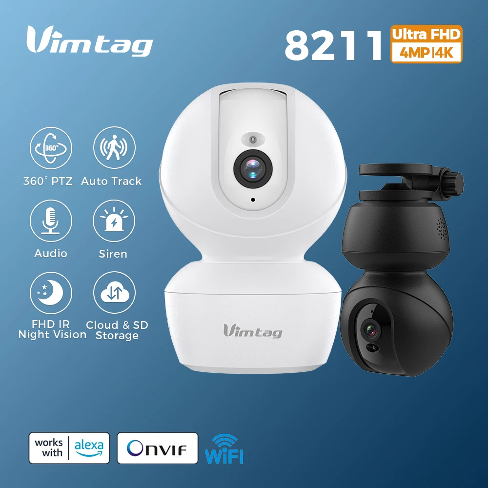 

VIMTAG 4MP Security Camera WIFI CCTV Camera 360° PTZ Auto Track 2-Way Audio Siren IR Night Vision Indoor Surveillance IP Camera