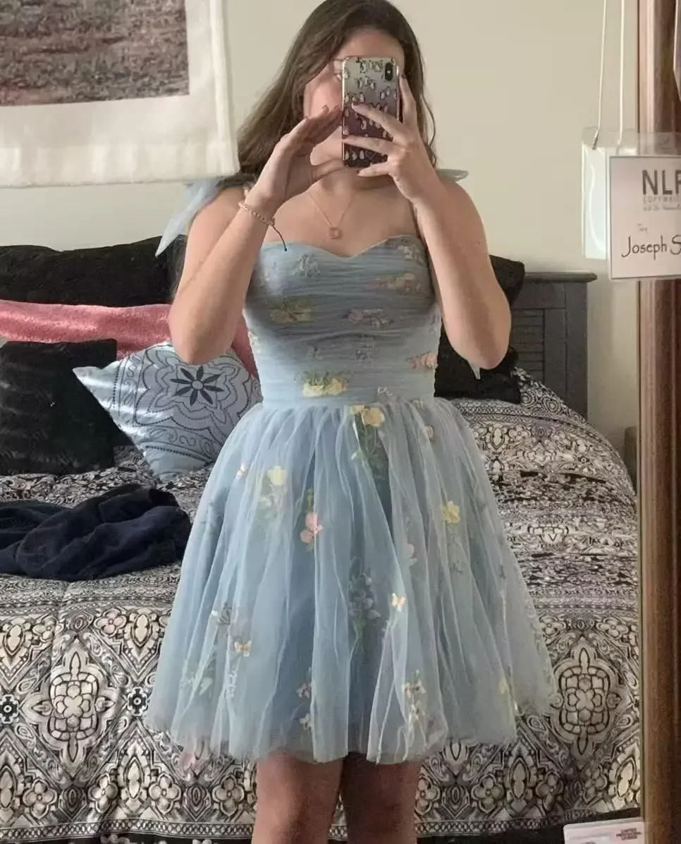 Lace Tulle Homecoming Dresses Flower Embroidery Short Formal Evening Party Gowns Teens Mini Cocktail Dress Graduation Dress