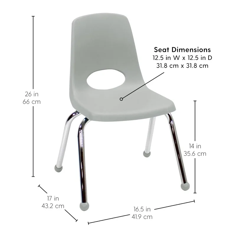 14" School Stack Chair, Stacking Student Seat with Chromed Steel Legs and Ball Glides for in-Home Learning or Classroom