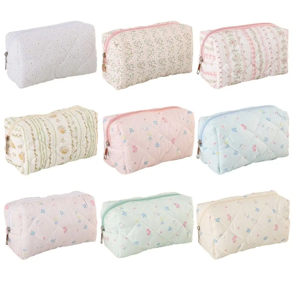 INS Soft Cotton Makeup Bag Quilted Floral Print Large Capacity Cosmetic Pouch Makeup Organizer Skincare & Beauty Essentials