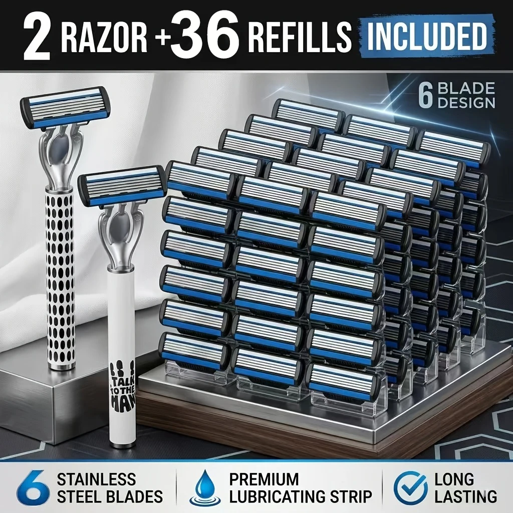 Men's Manual Safety Razor Set, Featuring 6-Layer Stainless Steel Blades, Long-Term Use, Men & Women Suitable Great Gift Idea.