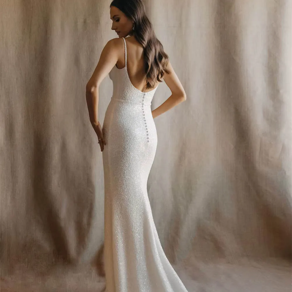 Customized Sparkly Wedding Dress For Woman Bride Featuring Sheath Silhouette with Spaghetti Straps Sequins Perfect Bridal Gown