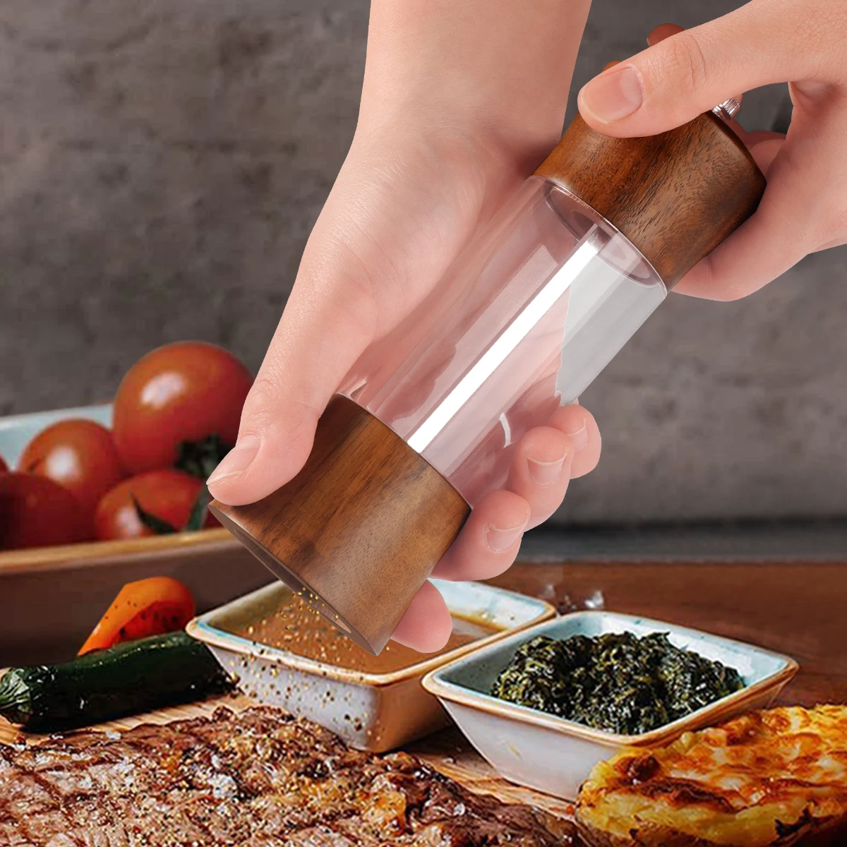 

Manual Wood Acrylic Pepper Grinder Mill for Freshly Ground Pepper, Sea Salt, Sesame & Peppercorns - Adjustable Kitchen Spice Jar