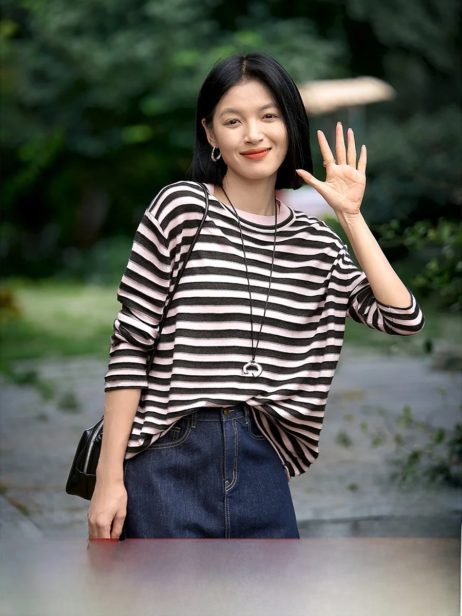 

Xhange Woolen Knitted Long Sve irt Lightweight Stripe Casual Sle Women's Top Yangzi Yarn V-Ne Button Closure
