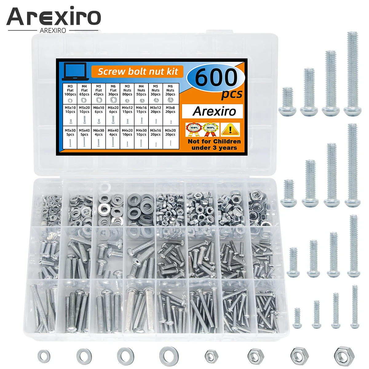 

600Pcs Screws Bolts and Nuts Assortment Kit Metric Machine Screws and Flat Washers M3 M4 M5 M6 Phillips Pan Head Sets - 16 Sizes