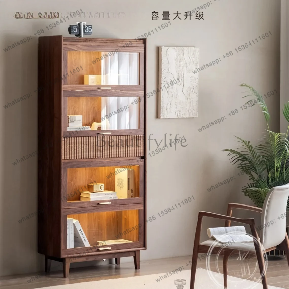 North American Black Walnut American Solid Wood Bookcase Shelf Dust-proof Glass Storage Cherry Wood