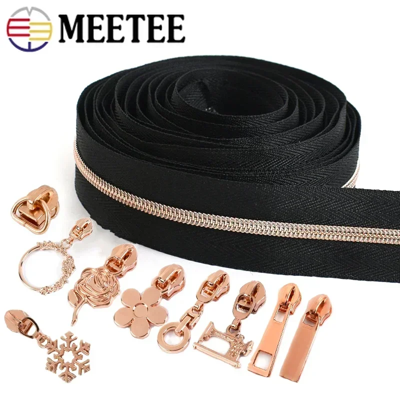 2/4M 5# Nylon Zipper Tape RoseGold Zip Puller Slider for Clothes Plastic Coil Zippers Jacket Per Meter Zips Sewing Accessories