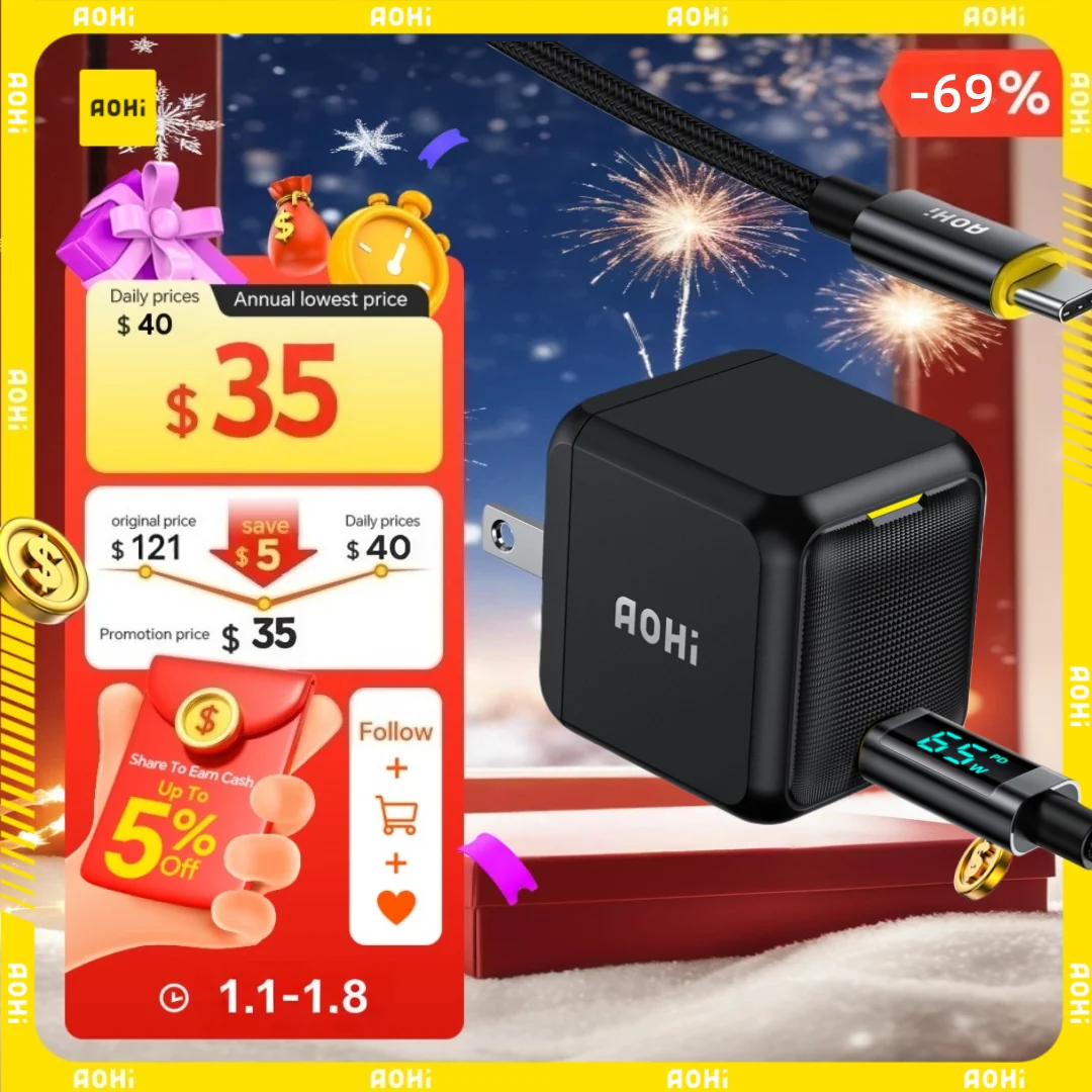 AOHI Magcube 65W GaN+ Charger Set UFCS USB C Charger for iPhone Laptop Macbook Air Tablet with LED Cable PD3.1 Fast Charger