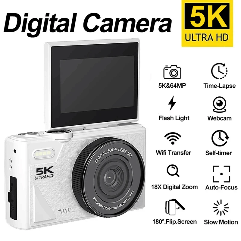 

Цифровая фотокамера 64 МП, откидной экран 3,0 дюйма, WIFI, 18-кратный цифровой зум, 5K, винтажный видеорегистратор для видеоблогов, веб-камеры для YouTube, камеры
