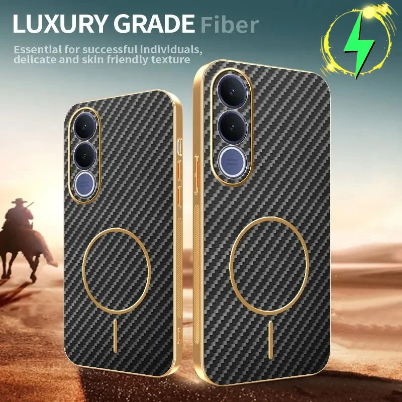 

Luxury Gold Trim Kevlar Magnetic Protect Case for VIVO V70FE V60Lite V50 V40SE V30Lite 4/5G for Magsafe Charge Carbon Fiber Case