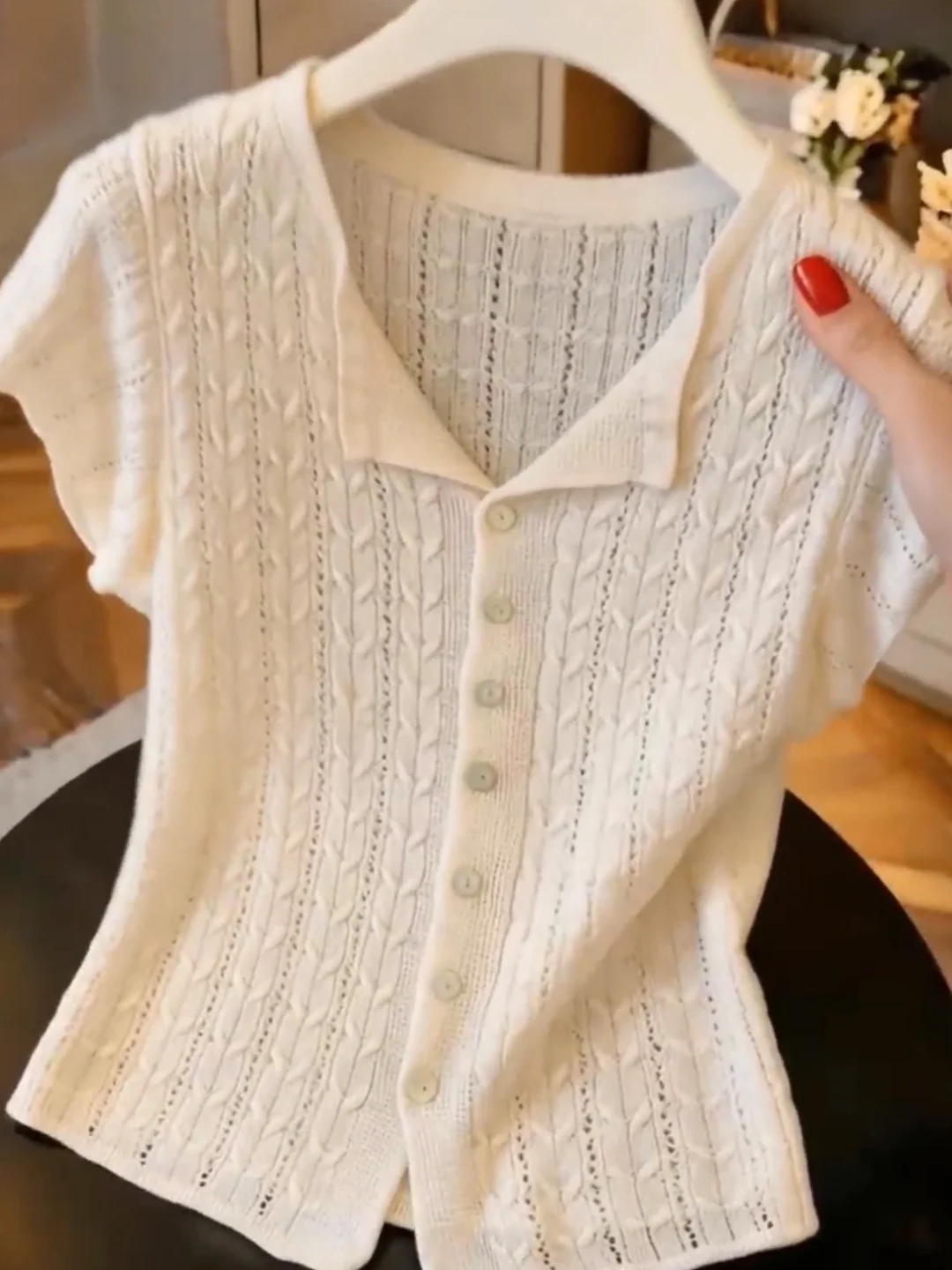 Summer 2026 Women's Ice Silk Knitted Short Sleeve Hollow out Commute Versatile Top Korean Design Single Button Knitwear