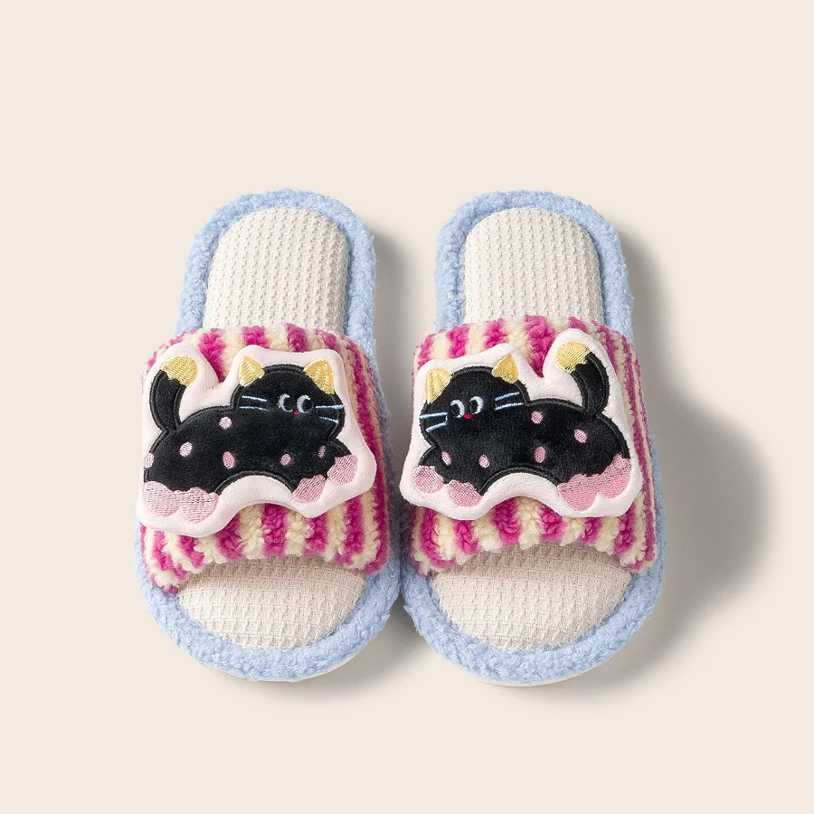 

2026 Cute Black Cat Striped Slippers Female Soft Linen Insole Breathable Odorless Indoor Home Slides Youth Girls Kitty Slipper